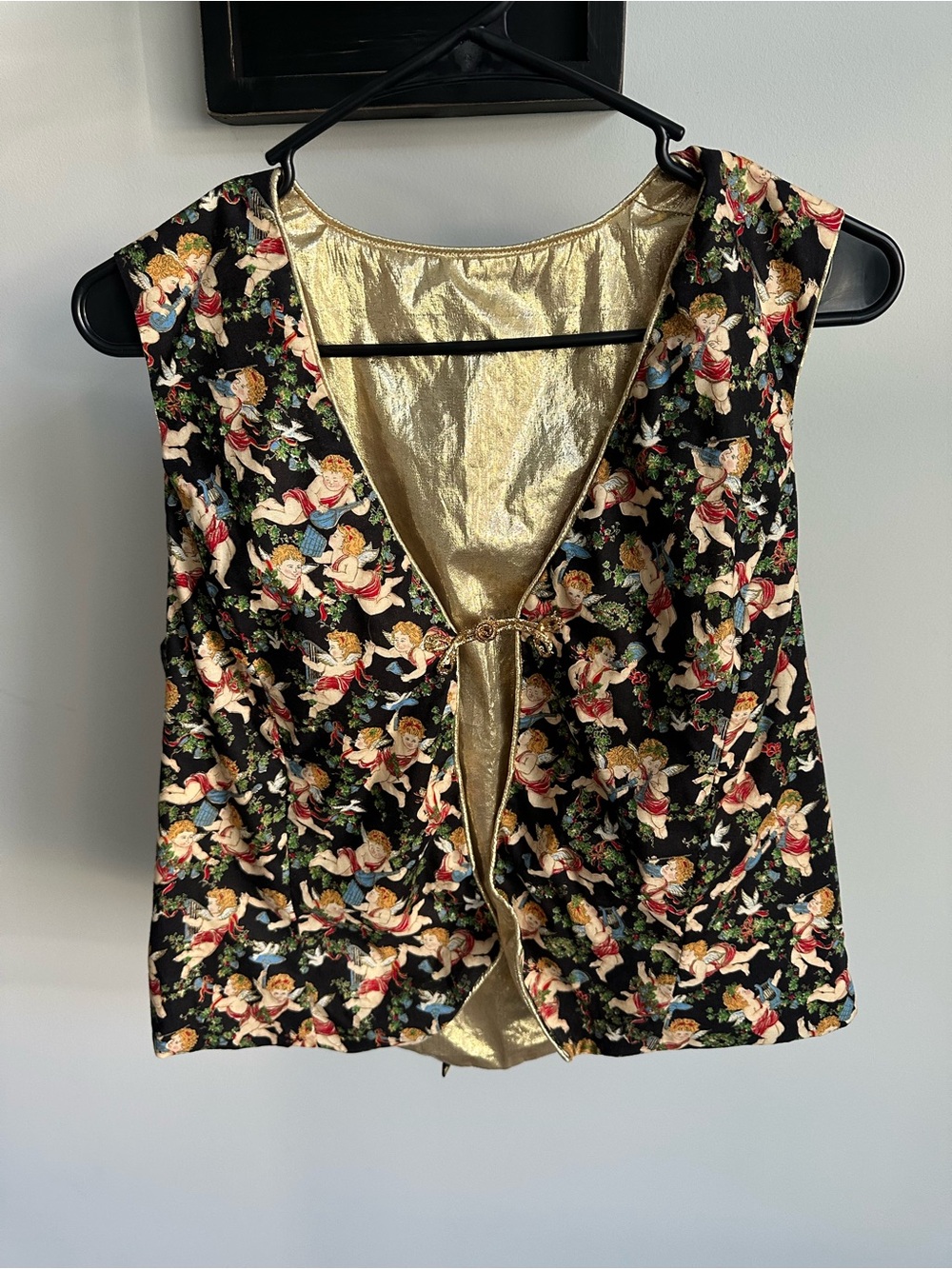 Vintage 90s Tapestry Vest Angel Cherub Print Gold Satin Lining Boho Cottagecore
